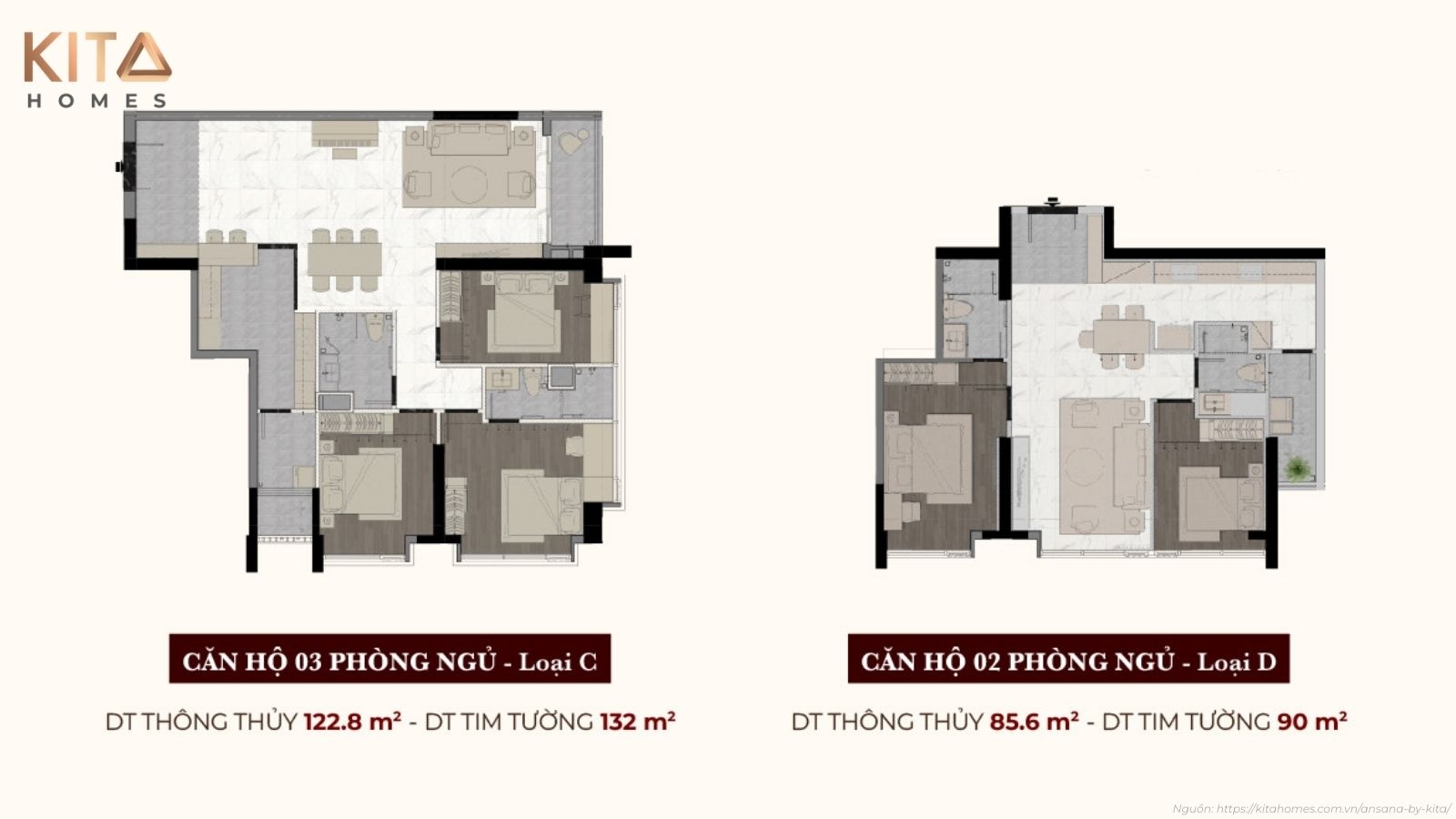 Layout thiết kế chi tiết căn hộ 2 phòng ngủ Ansana by Kita hiện đại