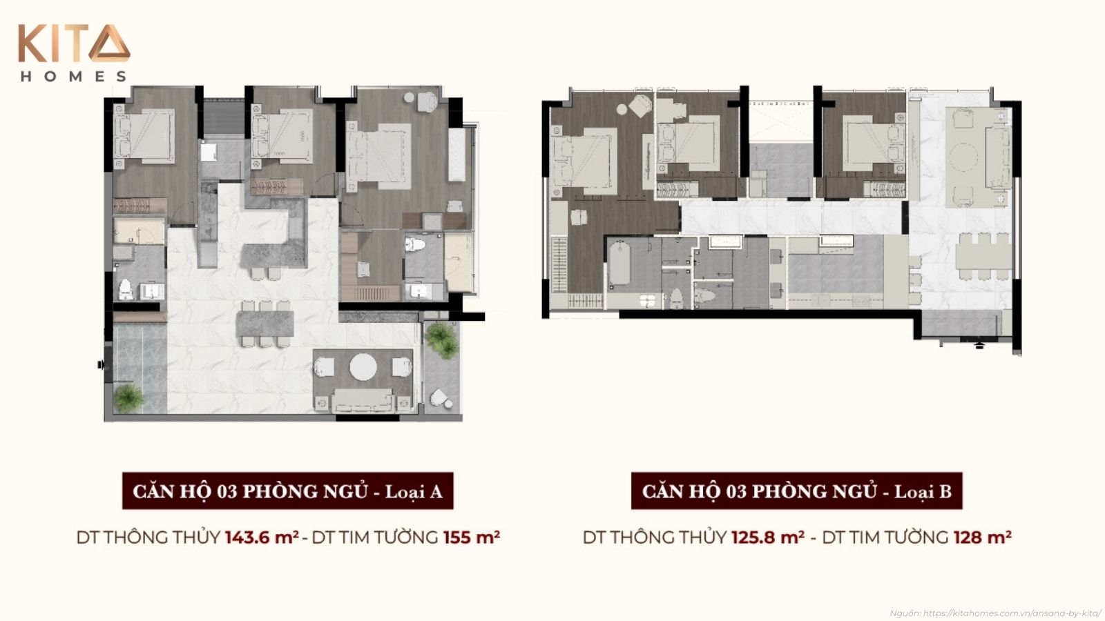 Layout thiết kế chi tiết căn hộ 3 phòng ngủ Ansana by Kita sang trọng