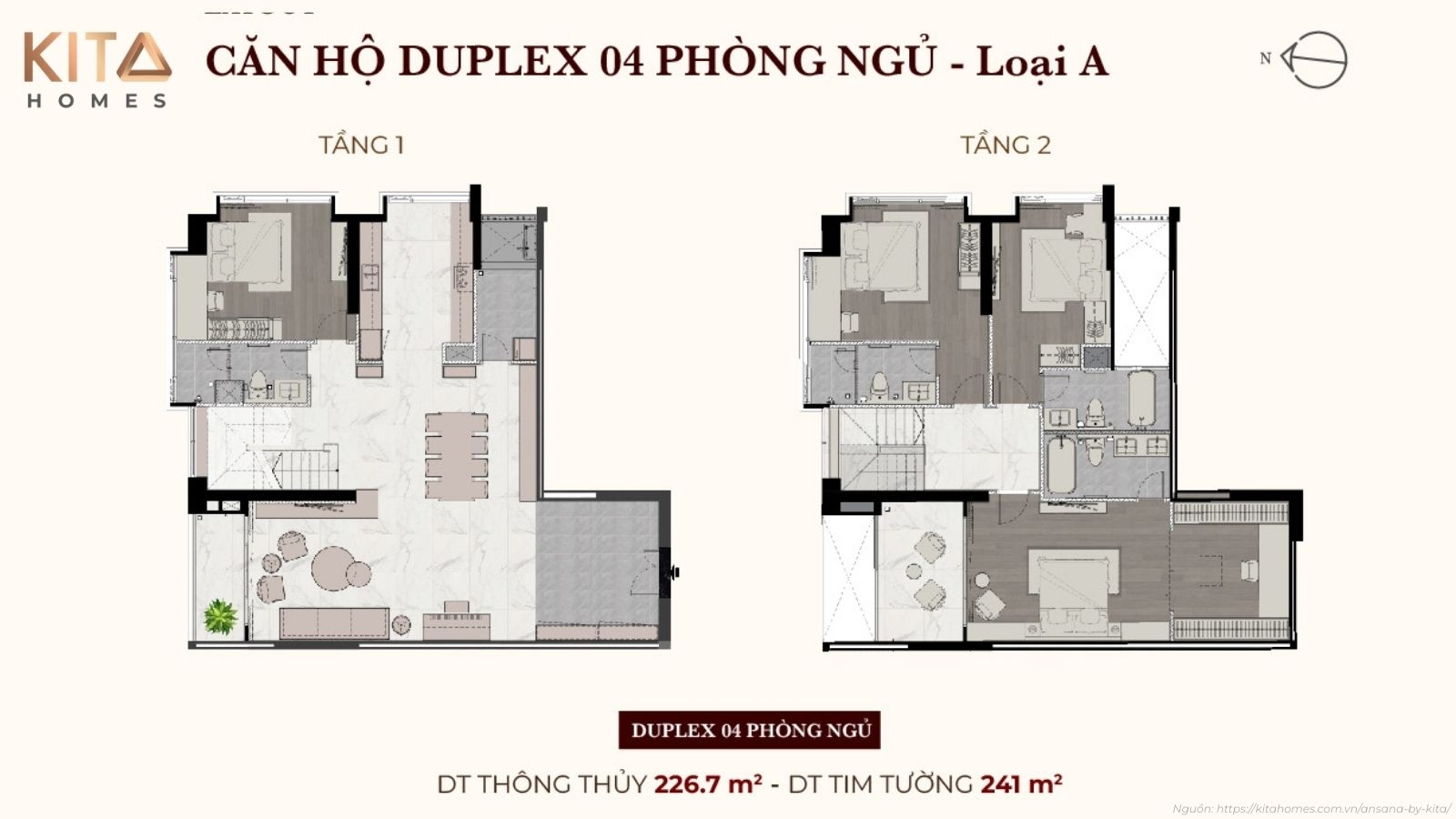 Mặt bằng thiết kế căn hộ Duplex thông tầng tại dự án Ansana by Kita