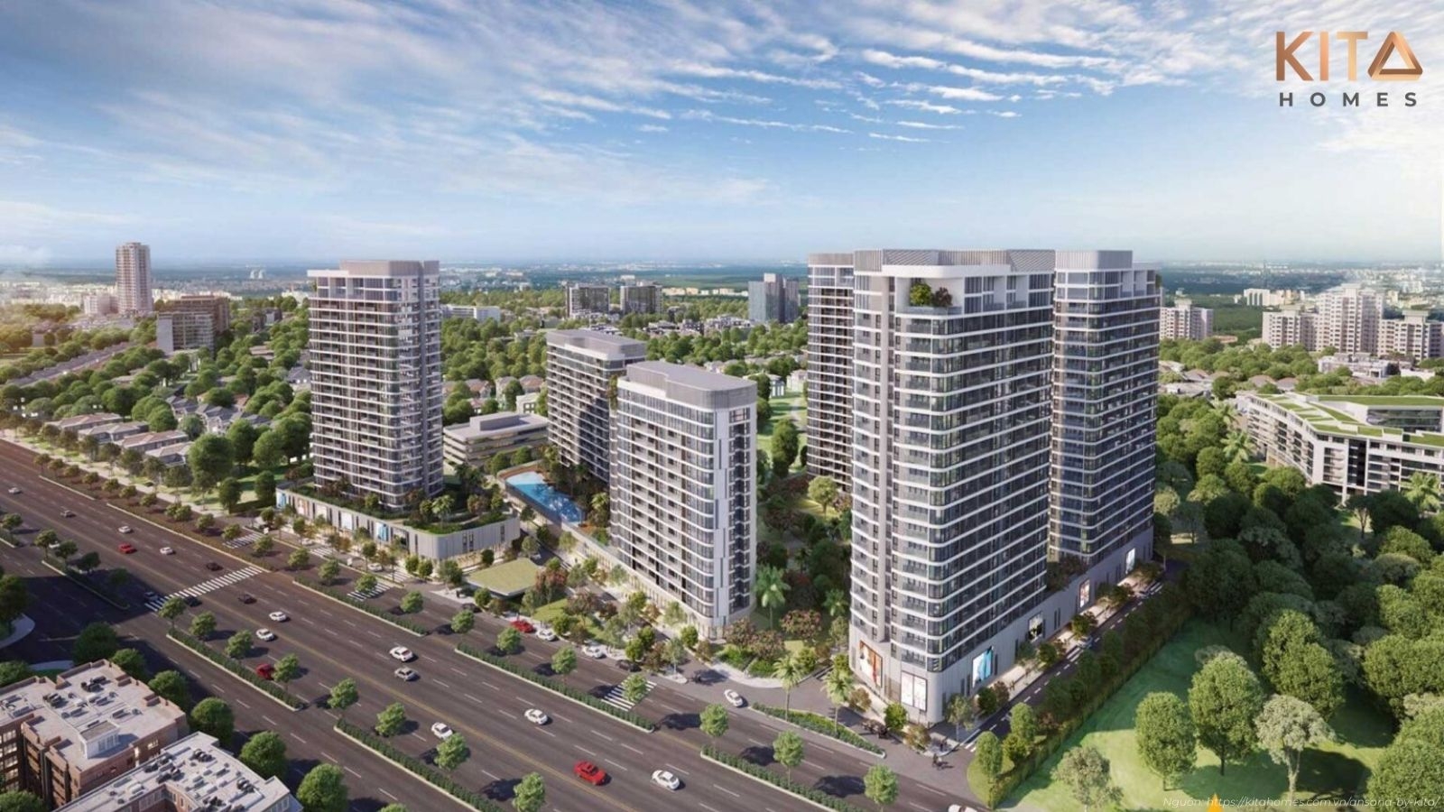 Phối cảnh tổng thể kiến trúc dự án căn hộ Ansana by Kita mặt tiền Võ Văn Kiệt, Quận Bình Tân, TP.HCM