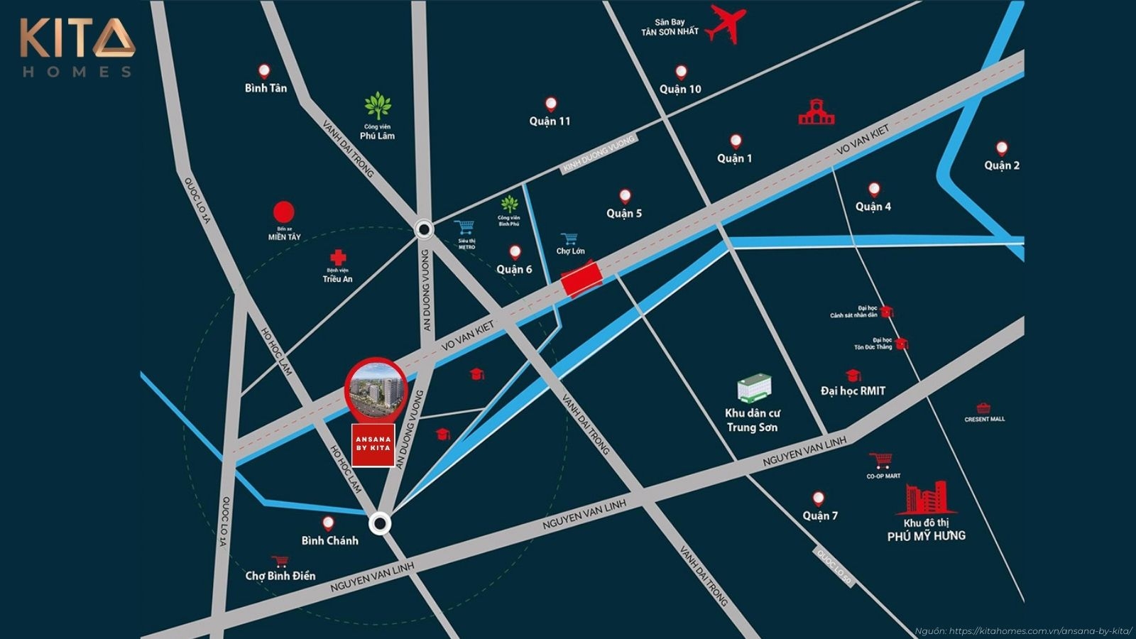 Sơ đồ vị trí đắc địa và khả năng kết nối giao thông của dự án Ansana by Kita trên đại lộ Võ Văn Kiệt