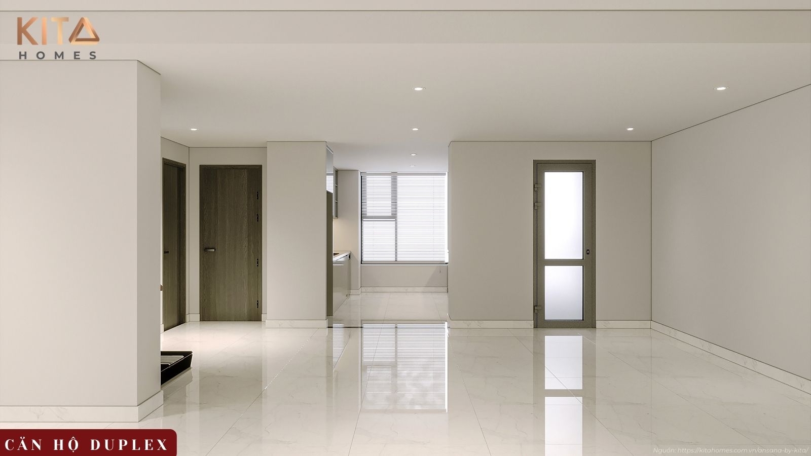 Không gian phòng khách Duplex Ansana by Kita với trần cao ấn tượng