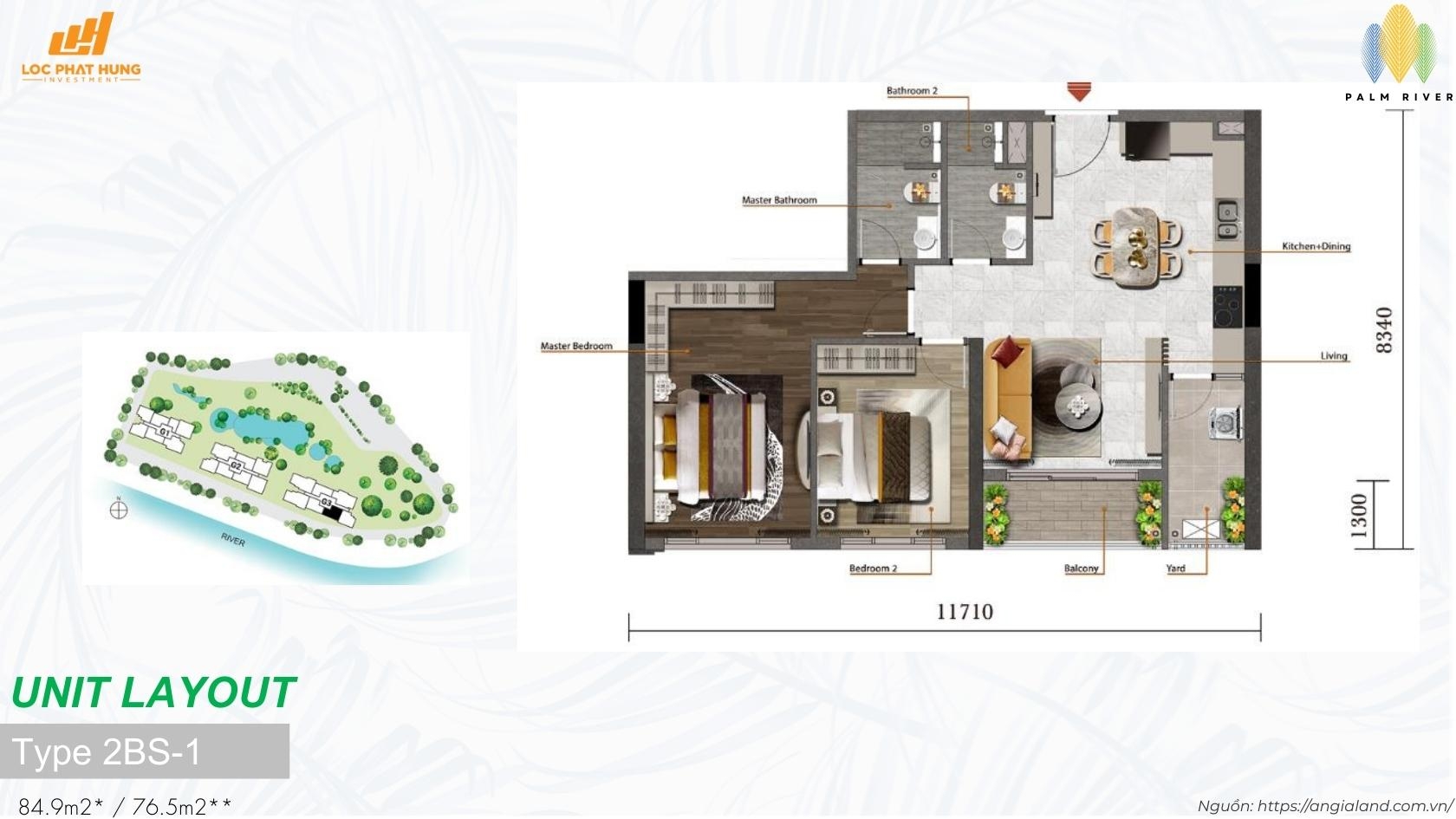Mặt bằng căn hộ 2PN Lớn Type 2bs 1 dự án Palm River Quận 2