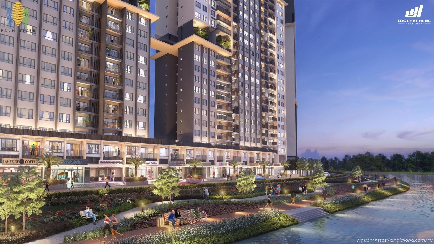 Phối cảnh phố thương mại Shophouse sầm uất và công viên đi bộ ven sông tại dự án Palm River Quận 2