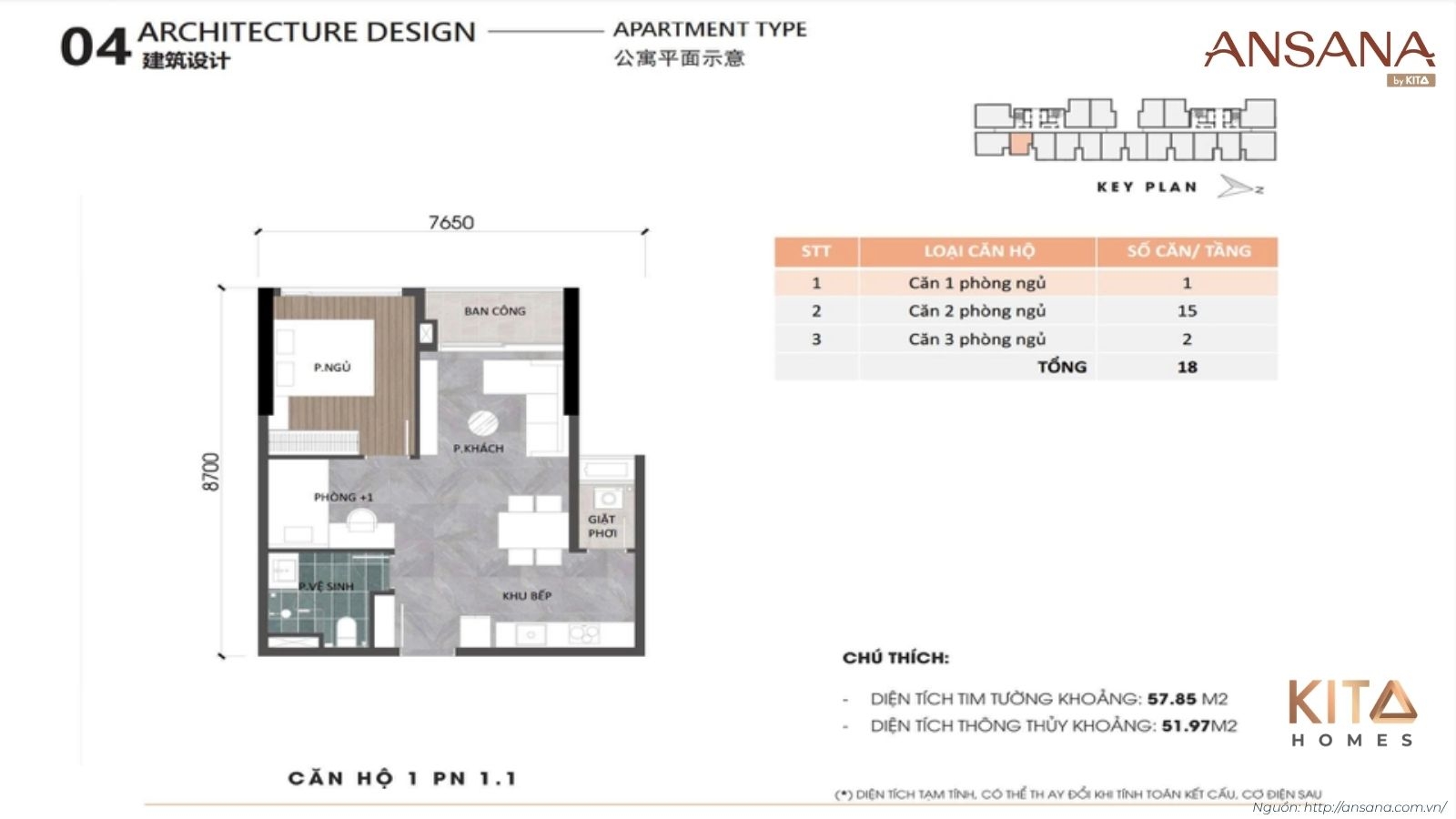 Bản vẽ thiết kế layout chi tiết căn hộ 1 phòng ngủ Ansana By Kita