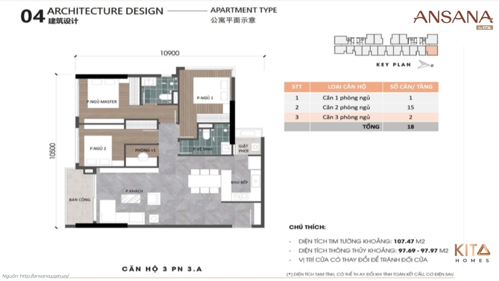 Bản vẽ layout mặt bằng căn hộ 3 phòng ngủ gia đình Ansana By Kita