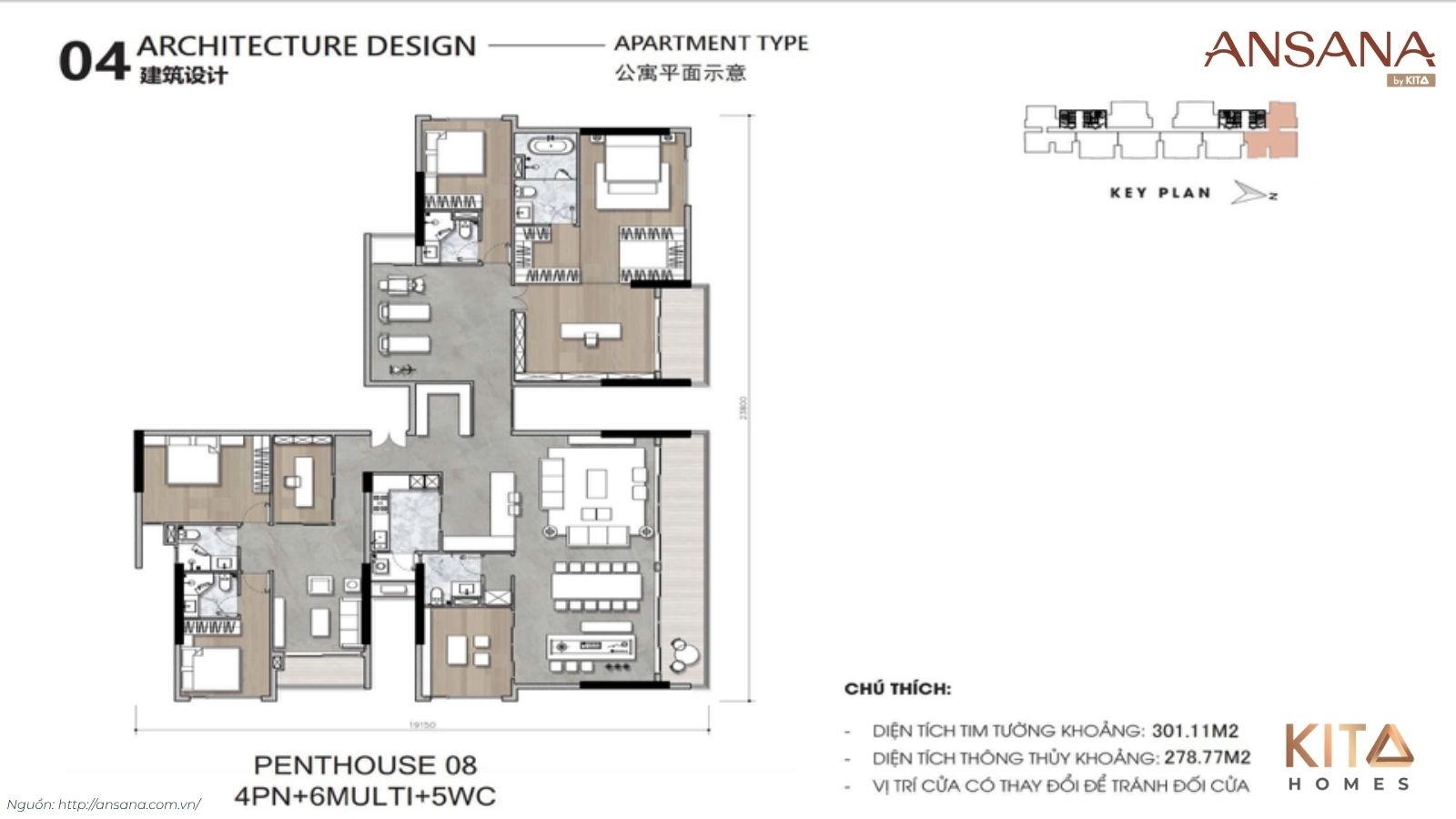 Chi tiết layout mặt bằng căn hộ 4 phòng ngủ Penthouse Ansana By Kita