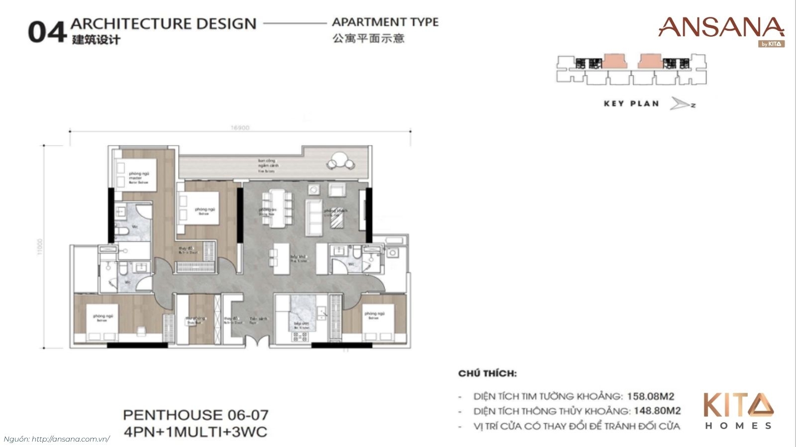 Chi tiết layout mặt bằng căn hộ 4 phòng ngủ Penthouse Ansana By Kita